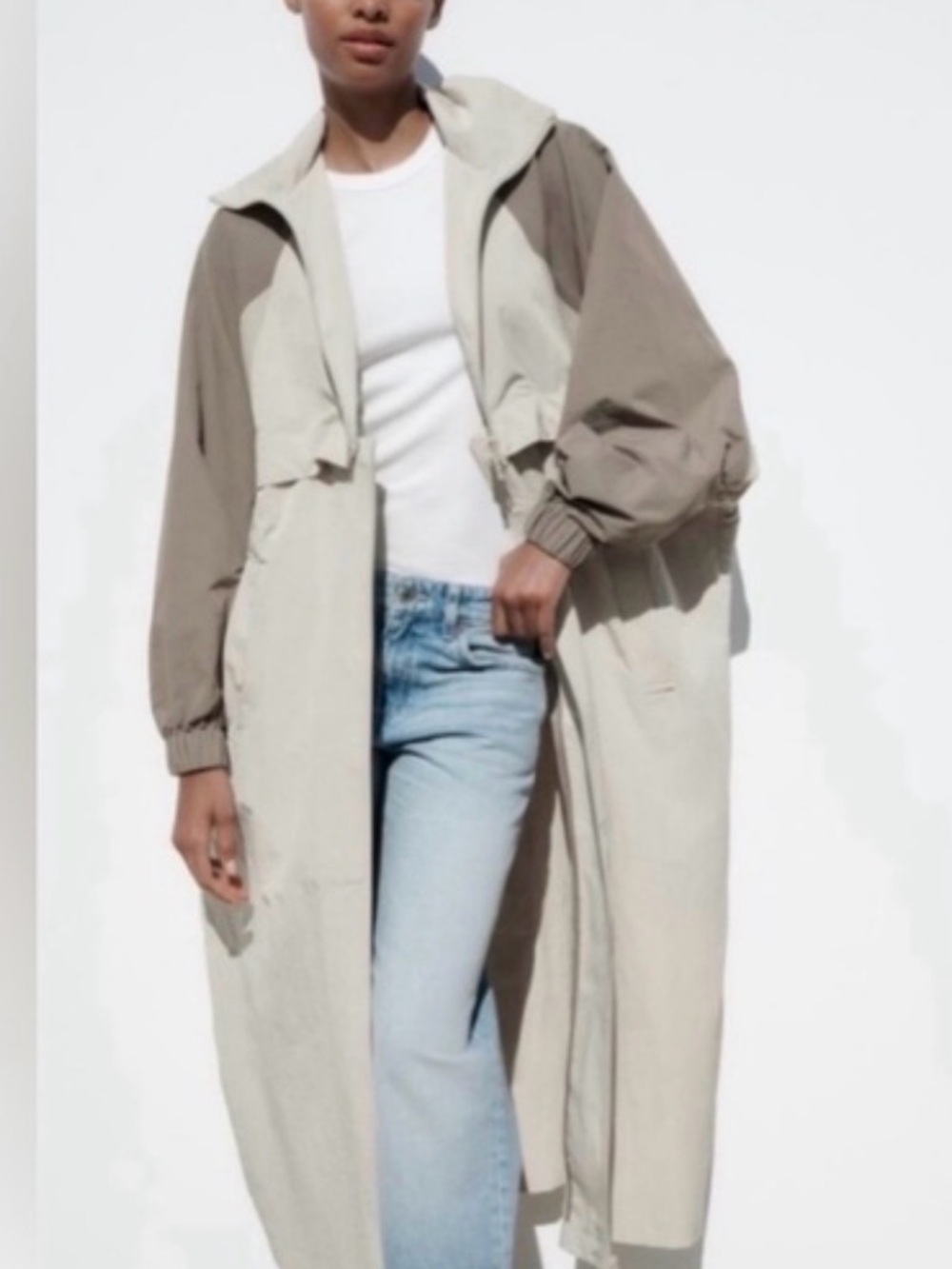 Zara Light Beige and Olive Women's Hooded Long Trebch Coat